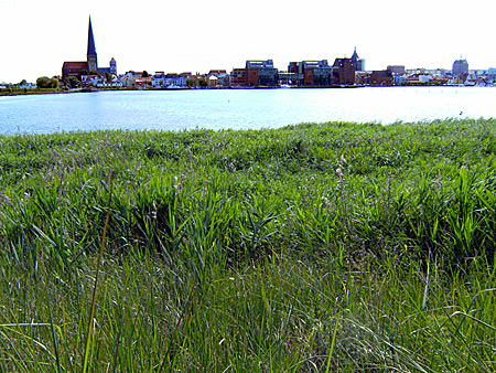 Auf diesem Bild sieht man das Stadtbild Rostocks vom östlichen Warnowufer aus.