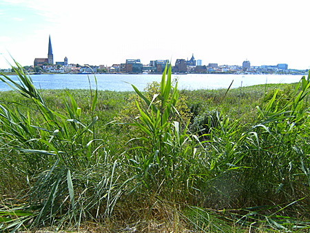 Auf diesem Bild sieht man das Stadtbild Rostocks vom östlichen Warnowufer aus.